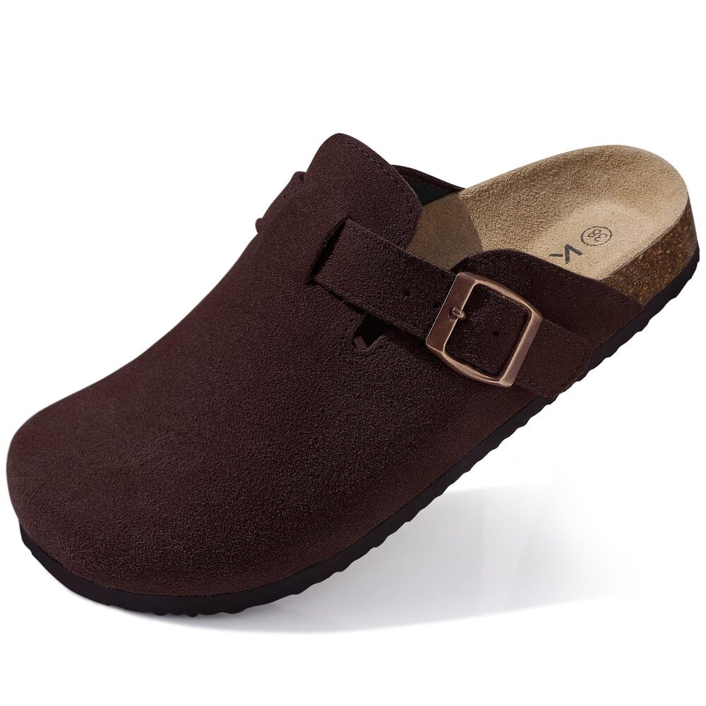 KIDMI WOMEN'S SUEDE CLOGS LEATHER MULES CORK FOOTBED SANDALS POTATO SHOES WITH A